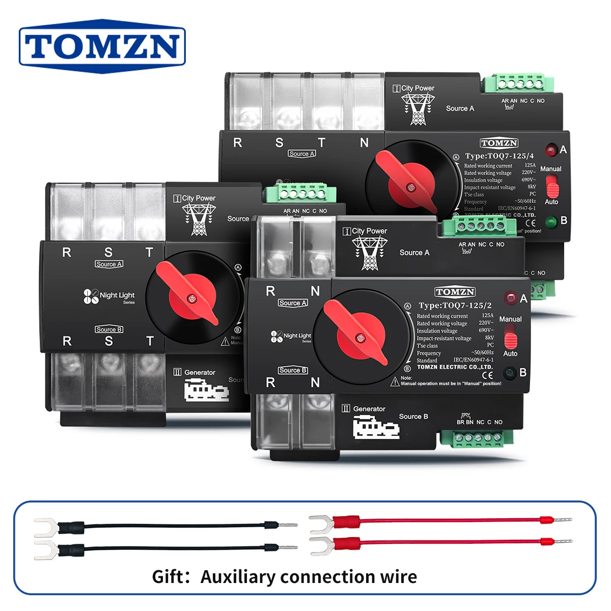 TOMZN DIN-Schienen 3-Phasen 2P 3P 4P 63A 100A 125A 230V Dual-Power Automatischer Umschalter Elektrischer Wahlschalter Unterbrechungsfreier ATS Image