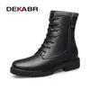 DEKABR Herren-Stiefel aus echtem Leder, Herbst- und Wintermode, Plüsch, warme Schuhe, Schnürung, Reißverschluss, rutschfeste mittelhohe Stiefel, Größe 36–48