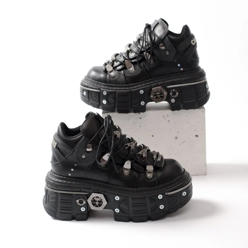 2026 Neue Punk-Style Schnür-Plateau-Schuhe mit 8 CM Absatzhöhe Damen Gothic Ankle Rock Stiefel mit Metalldekor Damen Sneakers Herren Image