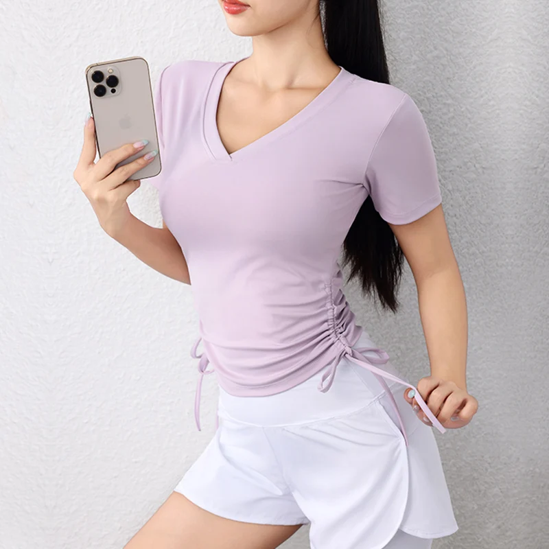 2024 Frauen Langarm Gym Shirts leichte Seitens chnur Yoga Tops plus Größe schnell trocknen V-Ausschnitt T-Shirts Workout Sport bekleidung Image