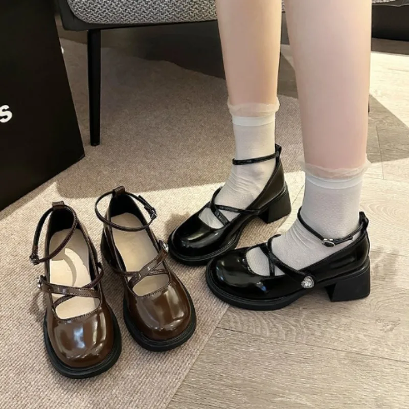 Frauen Müßiggänger Retro Braun Mary Jane Schuhe Frauen Pu Leder Dicken Absätzen Lolita Schuhe Frau Uniform Pumpen Knöchel Schnalle Schuhe