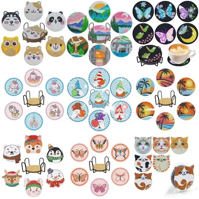 CHENISTORY 6pc Diamond Painting Coaster Set Animal Landscape Coasters Diy Diamond Art Crafts