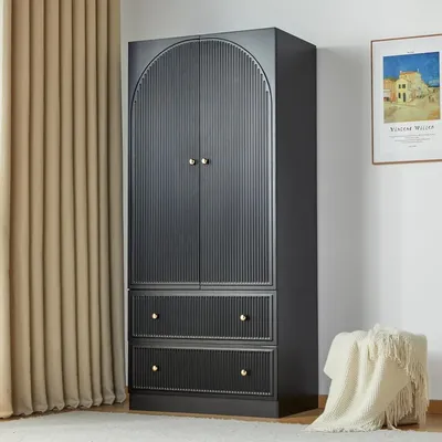 Black Freestanding Armoire Wardrobe Closet with 2 Doors and 2 Storage Drawers, Large Capacity