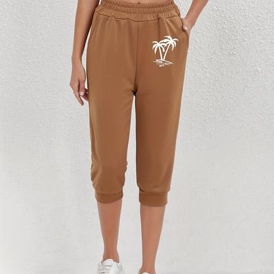 TEMU Palm Trees Print Fitted Bottom Joggers, Casual Waist Slant Pockets Sporty Capris Pants For , Women's Clothing Image