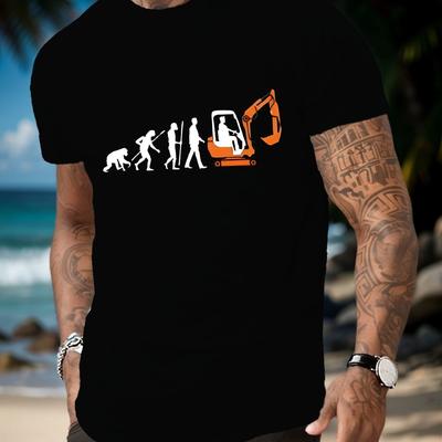 TEMU Men's Casual Short Sleeve T-shirt With Unique Evolution Tractor Design - Breathable Polyester, Crew Neck, Summer Fashion Top, Polyester, Crew Neck Image