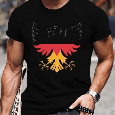 TEMU 1pc Men's Casual Summer T-shirt With Eagle Print, Polyester Knit Fabric, Round Neck, Short Sleeve, Regular Fit - Geometric Pattern Tee For Adults Image