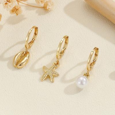 TEMU New Ring Style Earrings 3pcs Set Beach Accessories Women's Starfish Conch Earrings Image
