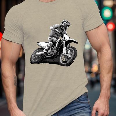 TEMU Style Motocross Rider Illustration Printed Men's Round Neck Tee Shirt, Lightweight Breathable Outdoor Top For & Sports Activities, Best Summer Image