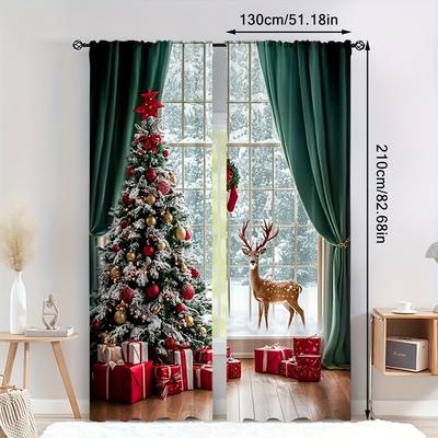 TEMU 2pcs Christmas Tree & Reindeer Scene Blackout Curtains, Rod , Contemporary Style, Machine Washable, Semi-sheer Polyester Drapes For Living Room, Bedroom, Kitchen - 90-100gsm Knit Weave Image