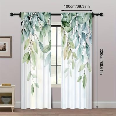 TEMU 2pcs, Style Watercolor Green Leaves Arts Theme Curtains, 100% Polyester, For Living Room Bedroom Office Study Home Decor, Machine Washable, (rod Free) Image
