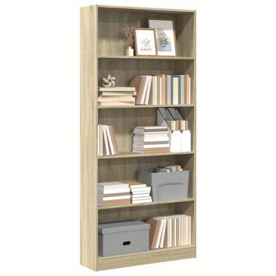 TEMU [ Build] Oak Wood Bookshelf - Natural , 80x24x176cm, Storage Organizer With Shelves For Books And Decor Items, Book Shelves, Standing Shelf Image