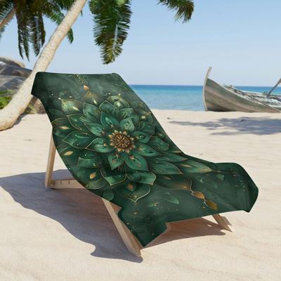 TEMU 1pc Mandala Print Beach Towel - Large, Quick-dry & Soft, Green For Lotus Design With Golden Accents, Beach, Bath, Camping, Picnic & Vacation , Beach Towel Image