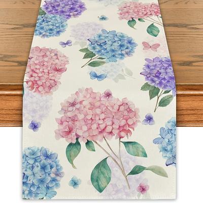 TEMU 1pc,linen Farmhouse Spring Table Runner Flower Floral Table Cover Pastel Seasonal Hydrangea Decor Decorations For Home Party 13x48/13x72/13x108/inch Image