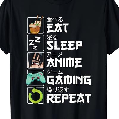 TEMU [] Men's T-shirt With Unique Anime & Gaming Graphics - Casual Round Neck, Short Sleeve Top, 180g - Summer, Machine Washable, Summer Clothing | Apparel | Image