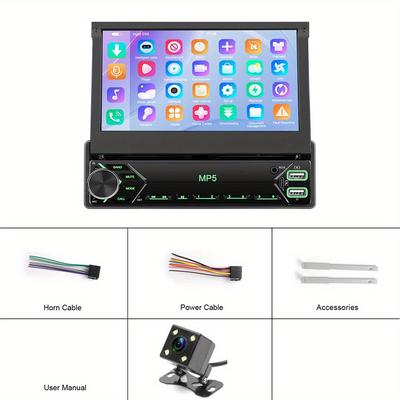 TEMU 1 Din Car Stereo Single Din 7-inch Car Radio Autoradio With Flip Out Screen Fm Radio Aux- In Usb Sd Tf Card Input Eq Setting Mp5 Player + Backup Camera Image