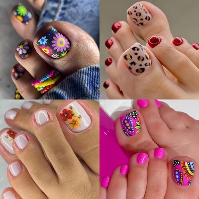 TEMU 1 Set Of 96pcs Of Toe Patches - Summer Fashion Floral Nail Art Set With Glossy Effect - Black And Mixed Colors With Flower And Plant Designs - Square Short Toenails - Removable Nail Patches Set Image