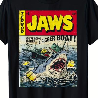 TEMU Men's -inspired Shark Comic Graphic T-shirt - 100% Cotton Casual Tee With Vintage Art, Regular Fit Short Sleeve, 180gsm Machine Washable Fabric For Wear Image