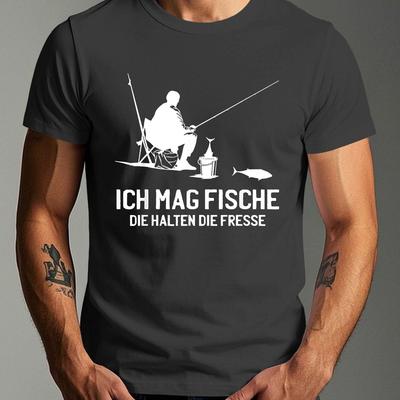 "TEMU Men's Casual Crew Neck T-shirt, 100% Polyester Knit Fabric, Geometric Fishing Graphic, Summer Short Sleeve Top, Regular Fit - "ich Mag Fische Die Halten Die " Print, Fishing T Shirt" Image