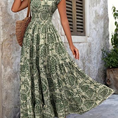 TEMU Print V-neck Maxi Dress With Ruffle Hem - Lightweight Polyester, Sleeveless Summer Beach Skirt For Women, Floral Pattern, Vacation Or Poolside, Poolside Attire | Dress | Polyester Image