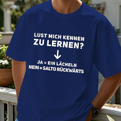 TEMU Men's Casual Crew Neck T-shirt, 100% Polyester Knit Fabric, Geometric Pattern, Regular Fit, Summer Top With Humorous German Quote Image