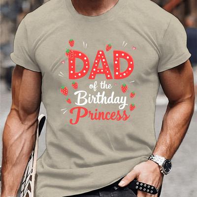 "TEMU "dad Of The Birthday Princess Print T-shirt For Men - Black Short Sleeve Casual Tee With , Comfortable Polyester, Machine Washable, "" Image