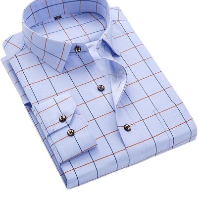TEMU Men' Blue Checkered Long Sleeve Shirt - Slim Fit, Casual Korean Style With Button-up Front & Square Neckline, Spring/fall, Autumn Fashio Image