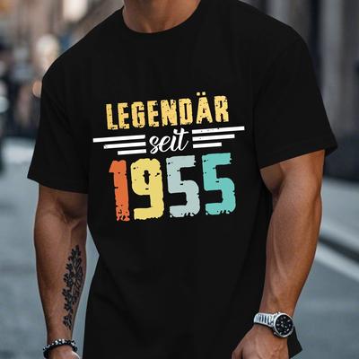 TEMU Legend 1955 Men's 70th Birthday Commemorative Short Sleeve T-shirt - Geometric Print Lightweight 150gsm Polyester, Machine Washable Round Neck Casual Summer Top For Adults Image