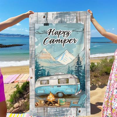 TEMU 1pc Beach Towel - Soft, Lightweight, Sand-proof Microfiber With Vintage Rv & Mountain Print For Travel, Swimming, Surfing, Yoga, And Camping Image