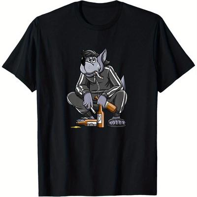 TEMU Wolf Russian Gopnik T-shirt - 100% Cotton, 190g, 's Casual Graphic Tee With Unique Cartoon Wolf Design, Perfect Gift For Holidays, Festivals, And Casual Attire, Black, Sizes S-xxxl Image
