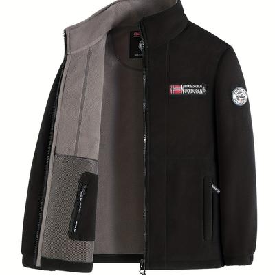 TEMU Obm Men's Fleece-lined Jacket - Casual Outdoor Coat With Zippered Pockets, Turn- Collar & Regular Casual & Outdoor Activities, Lightweight Jacket Image
