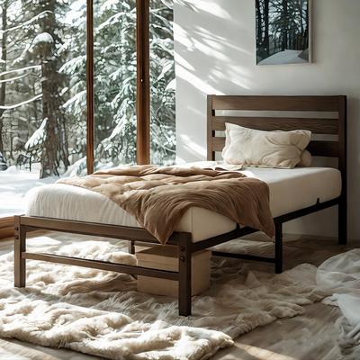 TEMU Metal Bed, Bed Frame With High Headboard Bed With Slatted Base For Bedroom , 140 X 200cm, 90 X 200cm, Guest Bed, Double Bed Made Of Metal, Bed Frame, Metal Bed, Easy Assembly Image