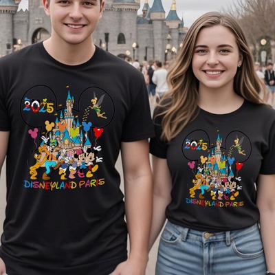 TEMU 2025 Magical Adventure Cotton T-shirt Unisex Black Short Sleeve With Colorful , Comfortable Round Neck, Gift For , Family Apparel | Classic Round Neck | Machine Washable, Disne Image