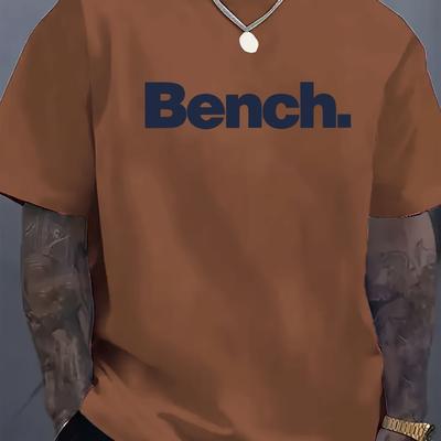TEMU Men's Casual Crew Neck Short Sleeve T-shirt - Summer Collection, Orange With Bench Print, Lightweight & Breathable Fabric, Casual Attire Image