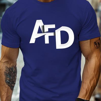 TEMU Men's Navy Blue T-shirt With Modern Afd Letter Print - Casual Crew Neck, Short Sleeve, Lightweight Summer Top, Casual Summer Top | Modern Tshirt | Image
