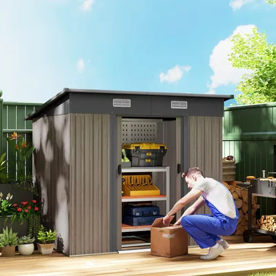 Outsunny 7 x 4ft Outdoor Garden Metal Storage Shed, Tool Storage Box for Patio, Grey Wood Grain