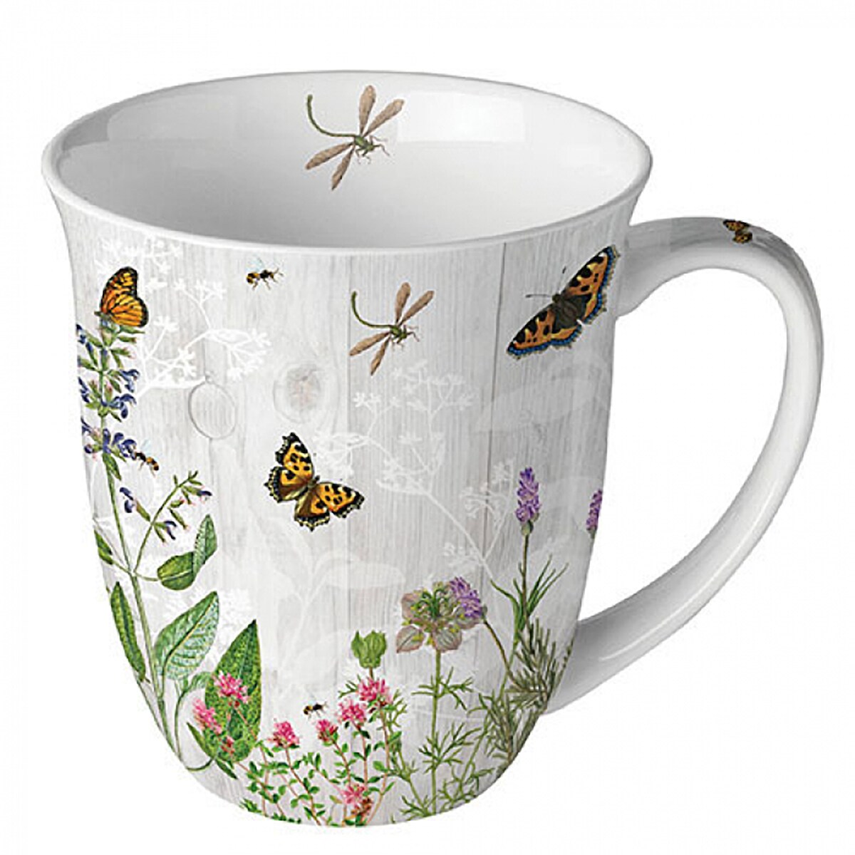Ambiente Tasse 10cm Porzellan mit Blumen Gräser Insekten Motiv - 0,4L Keramiktasse Porzellangeschirr Kaffeetasse Teetasse Kakaotasse Frühling Sommer Grau Grün Image