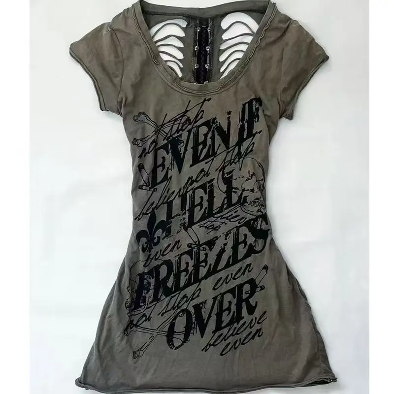 Japanese Retro Hollow-out Design Clothing Women Y2k Tees Summer Punk Slim Short-sleeve T-shirt Gothic Harajuku Female Zipper Top