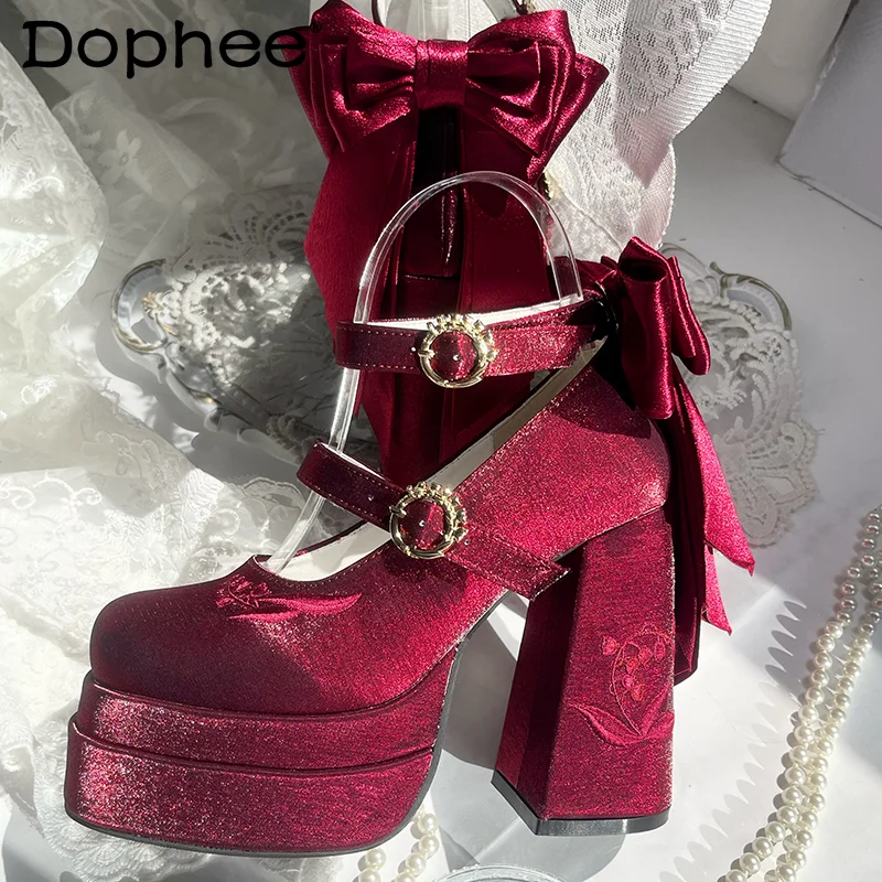 Rote Lolita Mary Jane Schuhe Damen Mädchen Elegante Satin Schleife Paltform High Heel Damen Party Süße Cos Pumps Plateau Heels