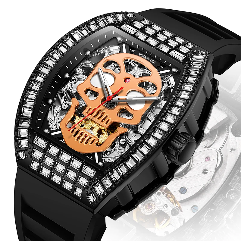 MUSANFIGO tonnenförmige automatische mechanische Uhr, Herrenuhr der Ghost-Serie, diamantbesetztes funkelndes Nachtlicht, wasserdichter Trend Image