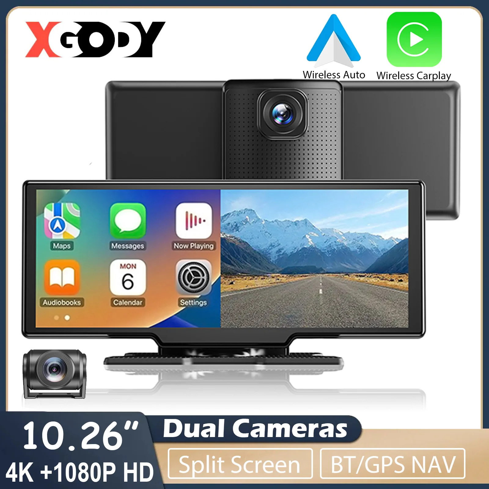 XGODY 4K 10,26 Zoll Dash Cam Rückfahrkamera Drahtlose CarPlay Android Auto DVR GPS Navigation Dashboard 24H Parkplatz Image