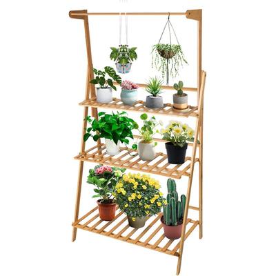 Haloyo - 3-Stöckiger Bambus-Pflanzenständer, Zusammenklappbar, Bambus-Blumenleiter-Regal mit Image