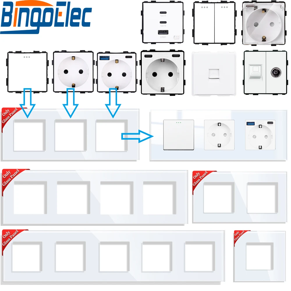 Bingoelec Knopfschaltermodul, USB, 65 W, Ladebuchse, Teile, Wandlichtschalter, Schlüsseleinsatz, Kombination aus Glasrahmen Image