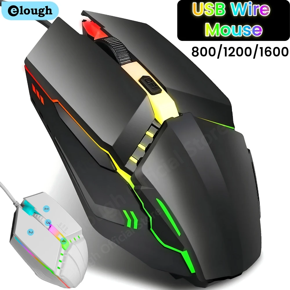 Elough Mute Wired Mouse USB Wired Gaming Mouse für Desktop PC Laptop Computer Home Office RGB LED leuchtende Maus mit Hintergrundbeleuchtung Image