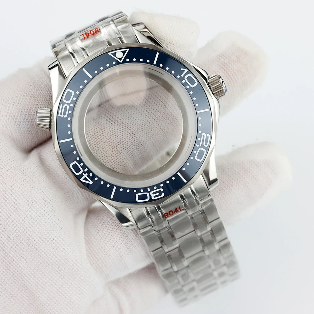 41-mm-NH35-Gehäuse mit blau/schwarz/grüner Keramiklünette und massivem Edelstahlarmband für NH35 NH36 Uhrwerk Seamaster 300 Uhrengehäuse Image