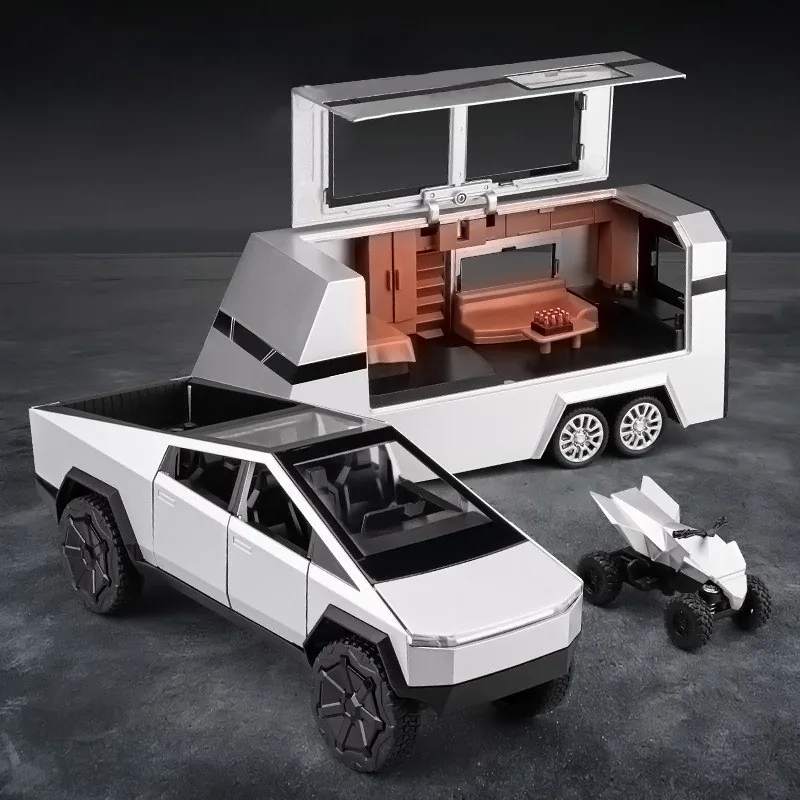 1:24 Cybertruck Pickup Truck RV mit Motorrad Anhänger Legierung Auto Modell Druckguss Metall Spielzeug Geländewagen Sound Licht Kinder Geschenke Image