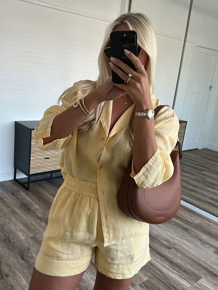 HH Sommer Casual Gelb Shorts Anzüge Für Frauen 2025, Neue Mode Langarm Revers Hemd Lose Kurze Hosen Sets Y2K frau Image