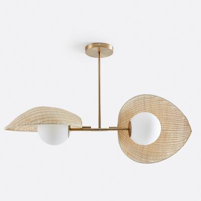Javana Double Opaline Ceiling Light in Rattan/Brass