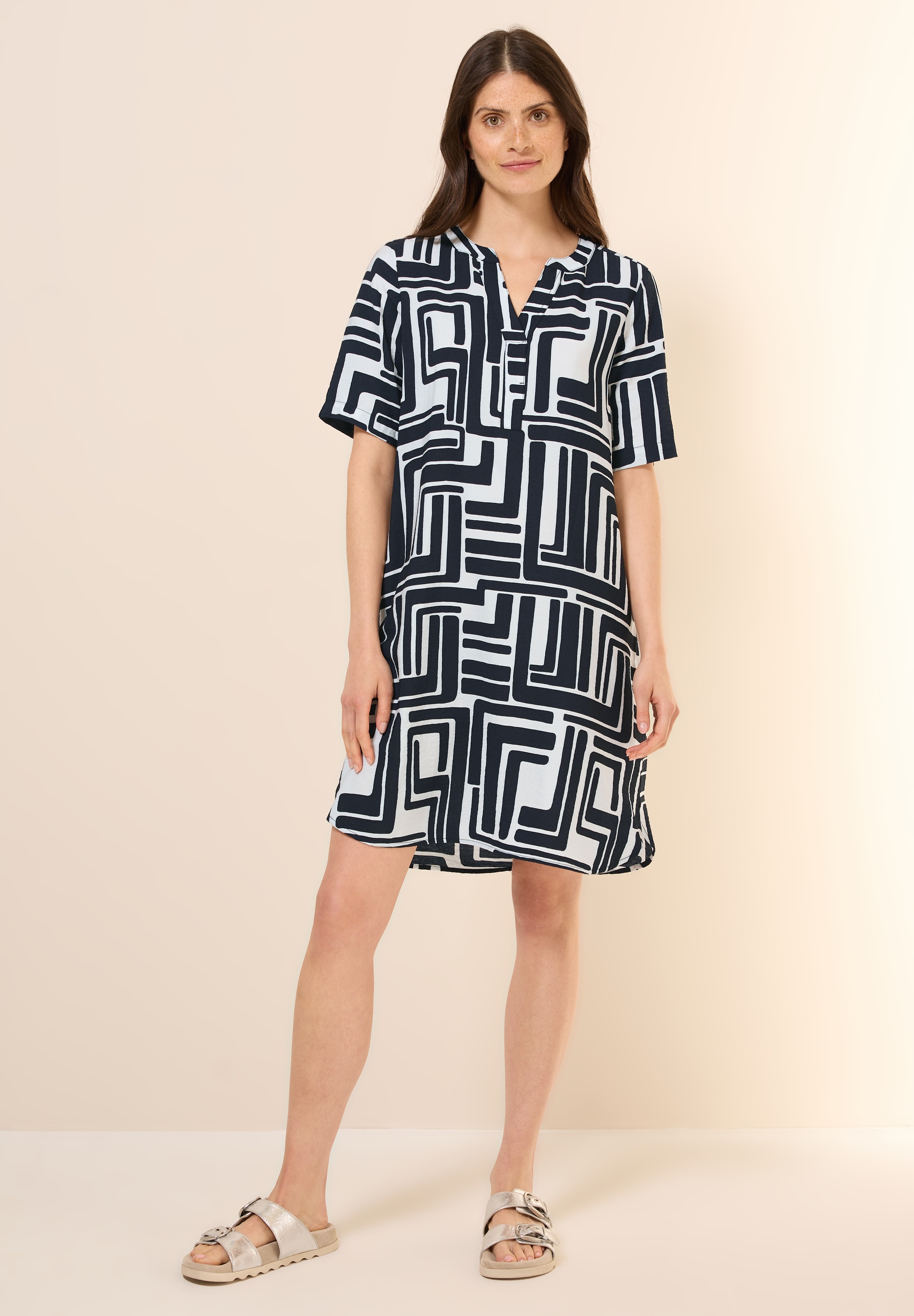 Blusenkleid CECIL, Damen, Gr. S (38), US-Größen, blau (universal blau), Stoff, 88% Viskose, 12% Nylon, bedruckt, normal knielang, V-Ausschnitt, Bündchen, Kleider Blusenkleid, knielang