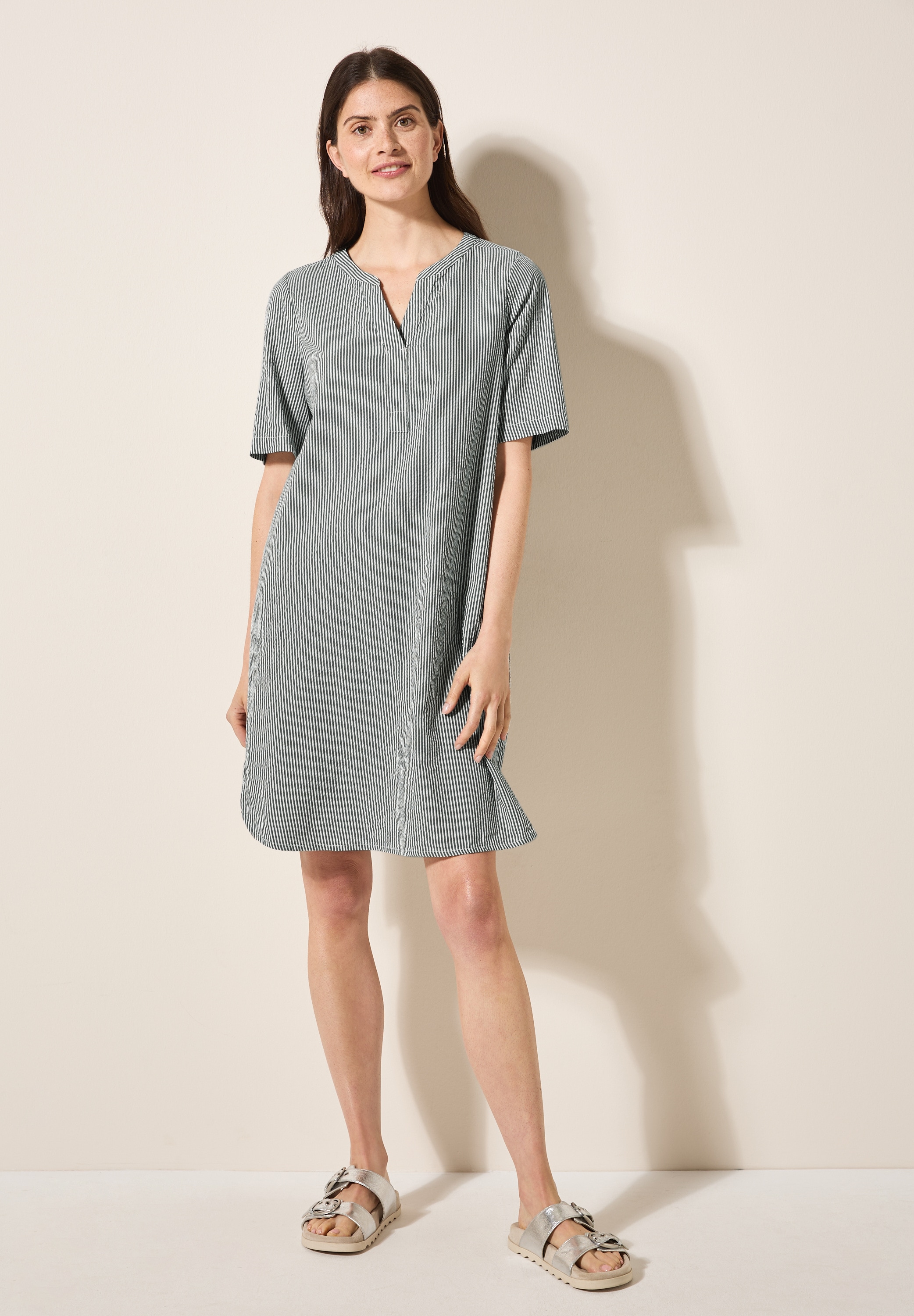 Sommerkleid CECIL, Damen, Gr. XL44, US-Größen, grün (balmy khaki), Web, 65% Baumwolle, 35% Modal, gestreift, comfort fit kniefrei, Rundhals, Bündchen, Kleider Sommerkleid, knielang