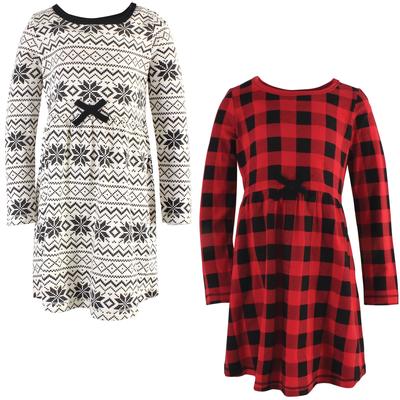 Touched by Nature Baby and Toddler Girl Organic Cotton Long-Sleeve Dresses 2pk, Buffalo Plaid